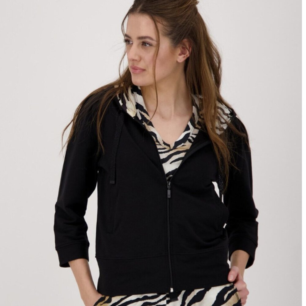 Monari Black Cream size EU 44 Full Zip Soft Stretch Knit 3/4 Sleeve Jacket Comfy